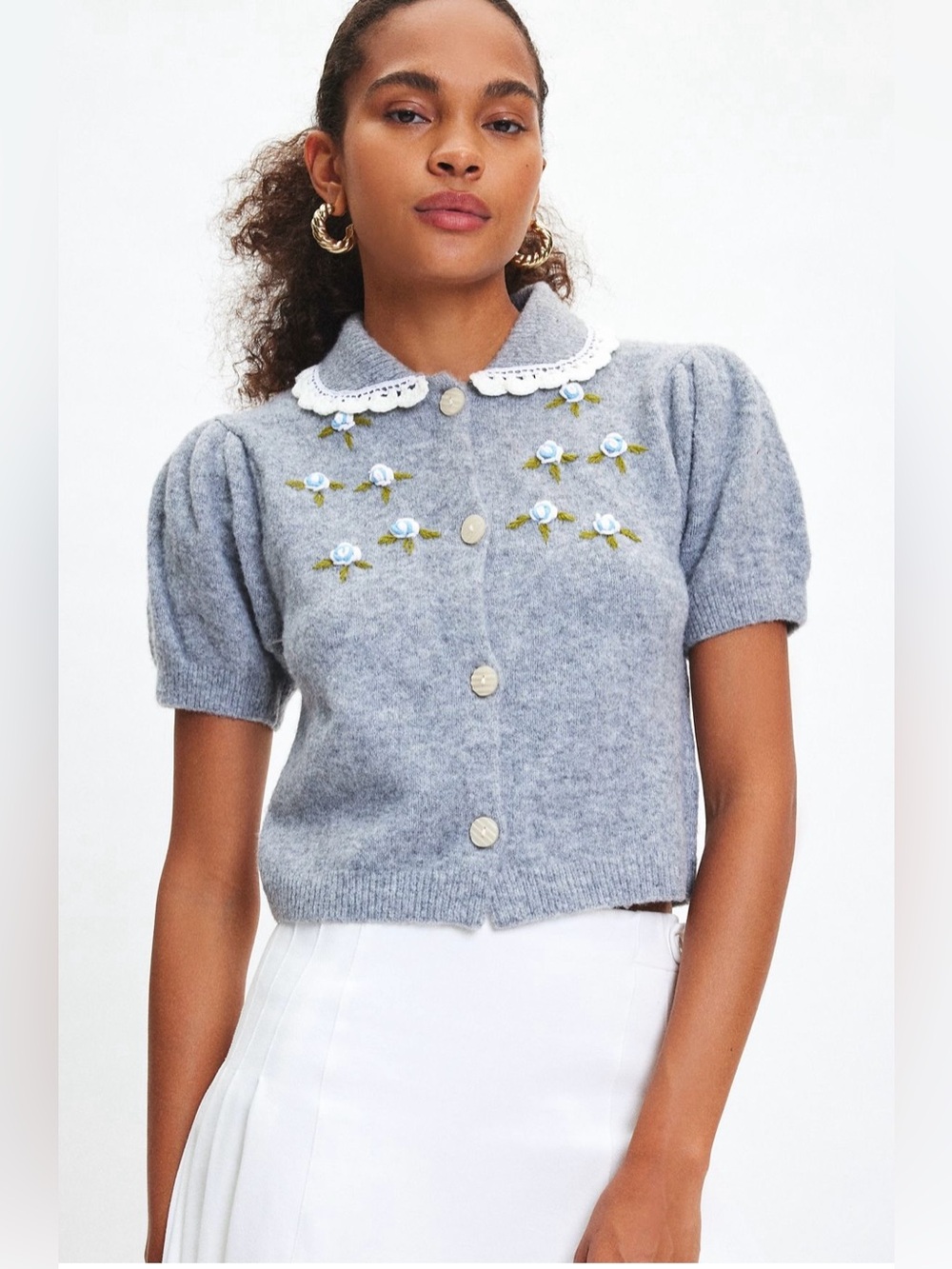 NWT Kimchi Blue Soft, Cozy Short Sleeve Cardigan w/ Crochet Flower Details